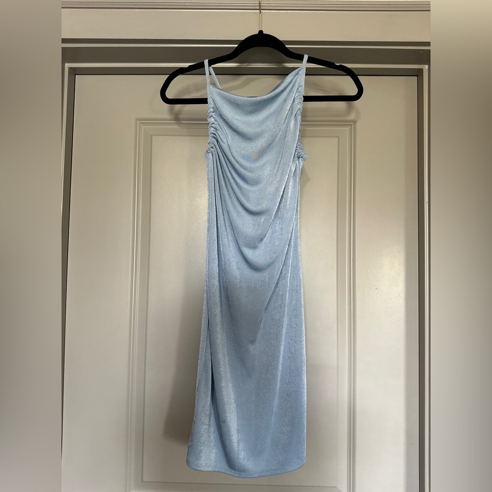 Olivia Rae Light Blue Draped Satin Maxi Dress